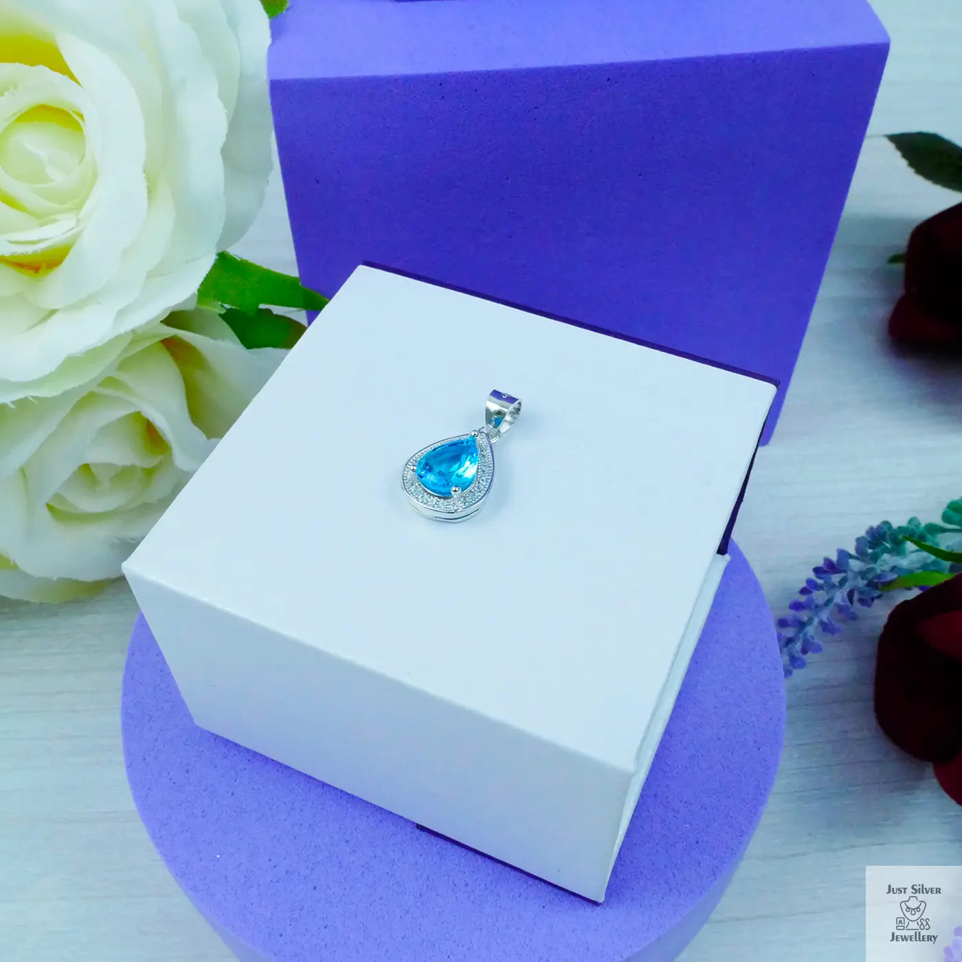 Silver "teardrop" Aquamarine Zirconia pendant Just Silver Jewellery