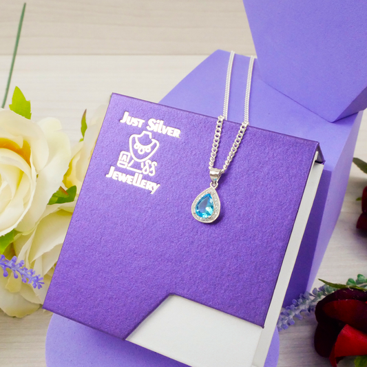"Teardrop" Aquamarine Zirconia pendant & chain