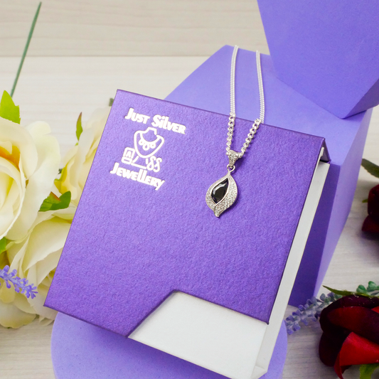 "Teardrop" Leaf Black Zirconia pendant & chain