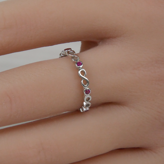 Silver Infinity Loops Delicate Ruby Zirconia Ring