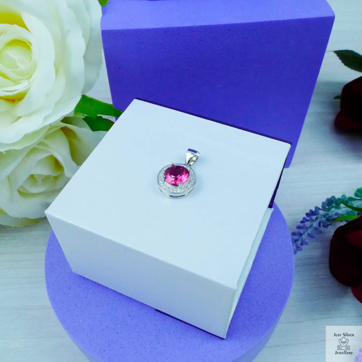Silver Round Ruby Zirconia Gemstone cluster pendant Just Silver Jewellery
