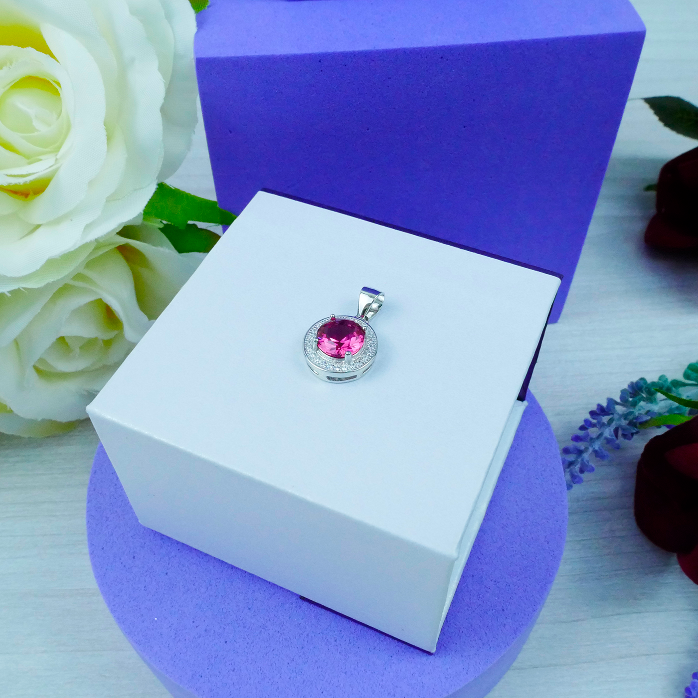 Silver Round Ruby Zirconia Gemstone cluster pendant