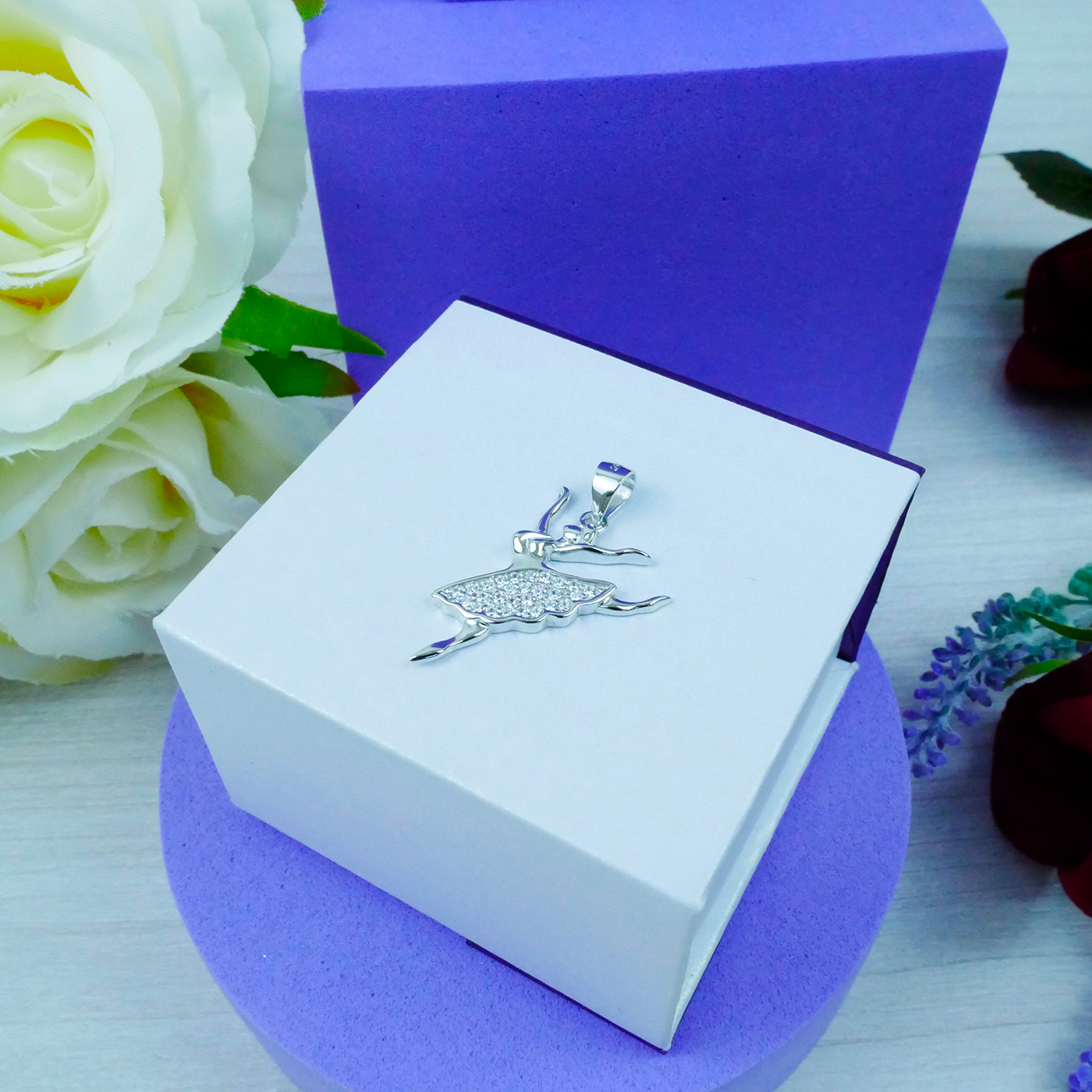 Silver "Dancing Ballerina" pendant with white Zirconia gems