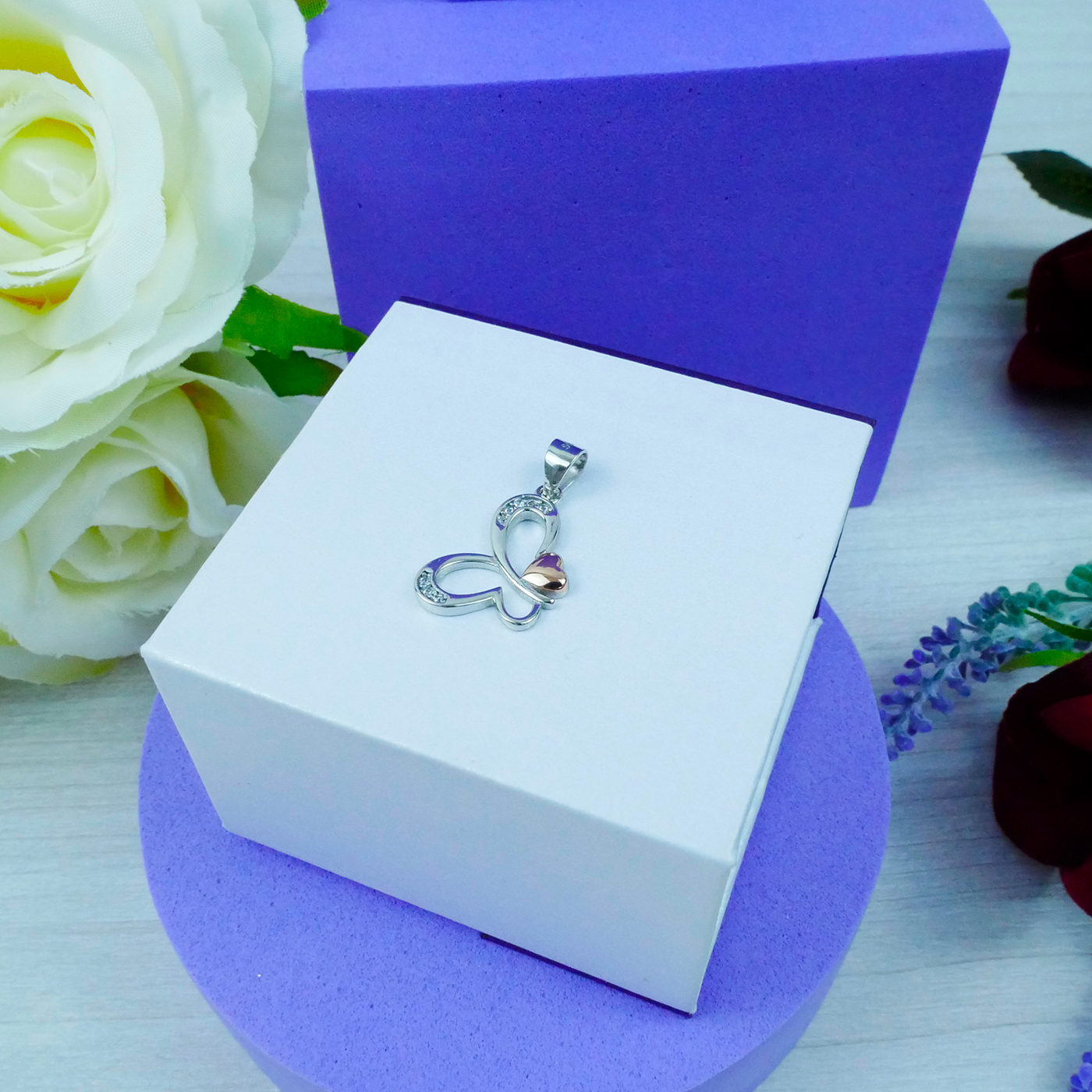 "Butterfly" with rose-gold plated heart pendant & chain