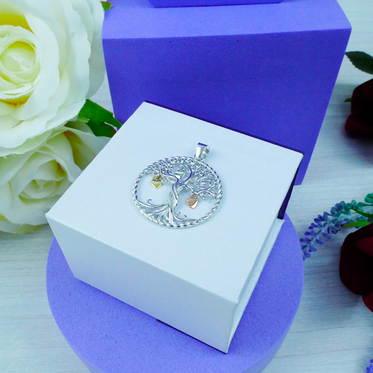 Silver "tree of Life" pendant with hearts of silver, rose-gold plating & gold plating