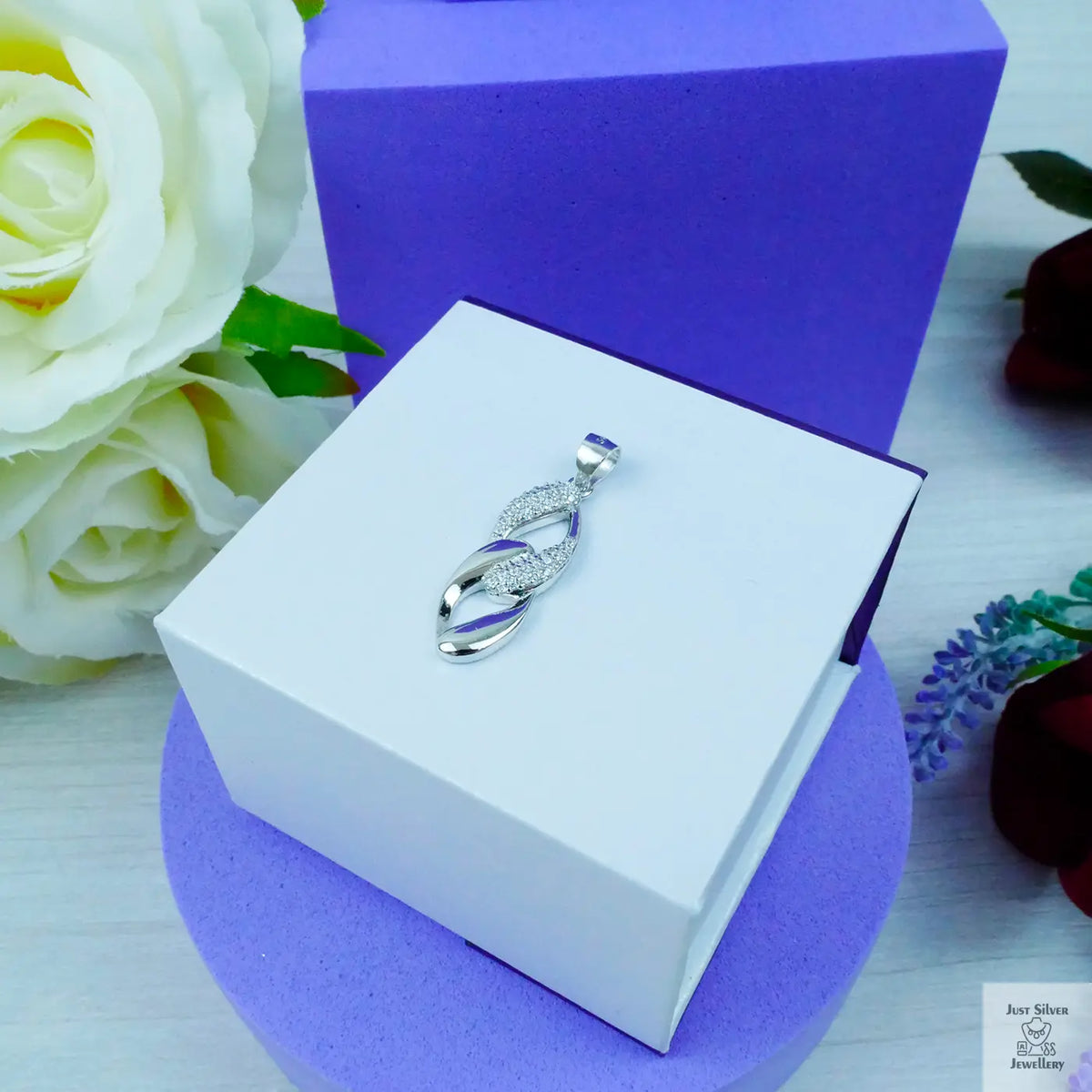 Silver 2 Loops white Zirconia pendant Just Silver Jewellery