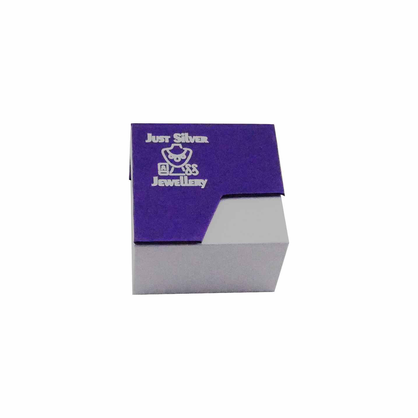 Jewelry box with 'Just Silver Jewellery' branding on a white background