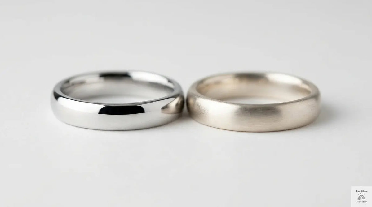 Close-up of two sterling silver rings showing the difference between a rhodium-plated bright finish and a traditional uncoated silver finish
