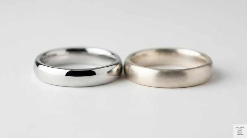 Close-up of two sterling silver rings showing the difference between a rhodium-plated bright finish and a traditional uncoated silver finish