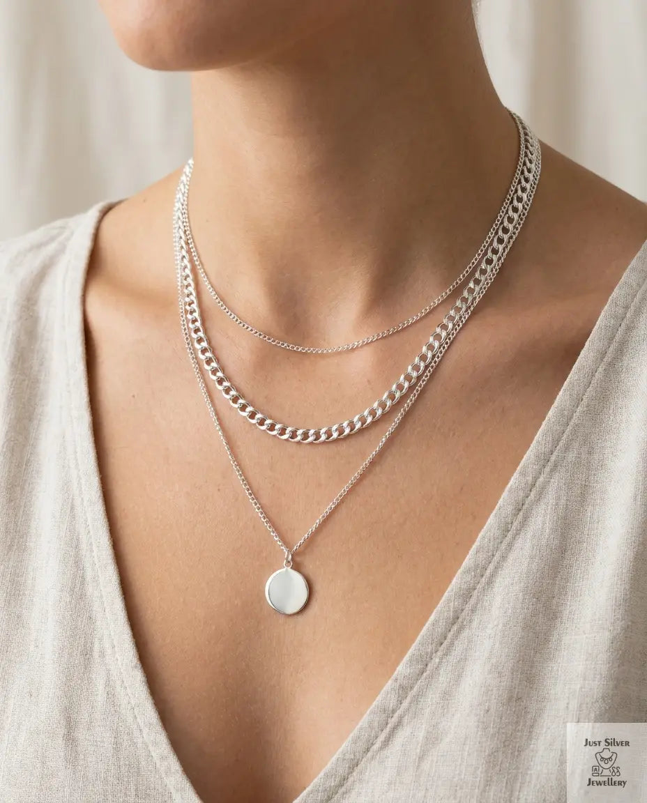 Layered sterling silver necklace chains of varying lengths and widths resting on a neckline