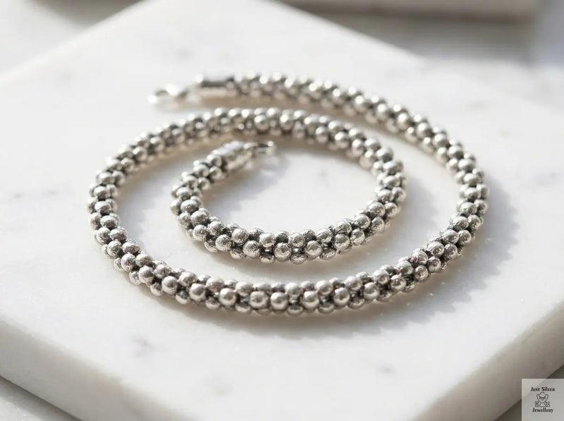 Sterling silver popcorn chain necklace with a bumpy, textured surface