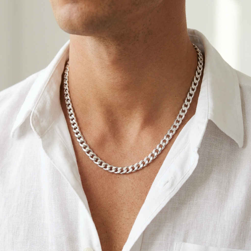 Man wearing a solid sterling silver curb chain necklace, close-up on neck and collarbone