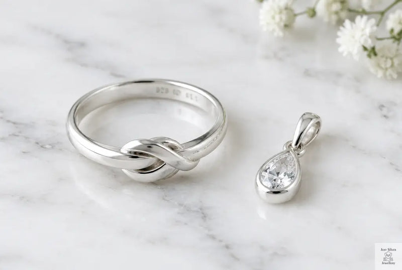 Sterling silver ring and pendant on a pale marble surface, showing where the 925 stamp is found