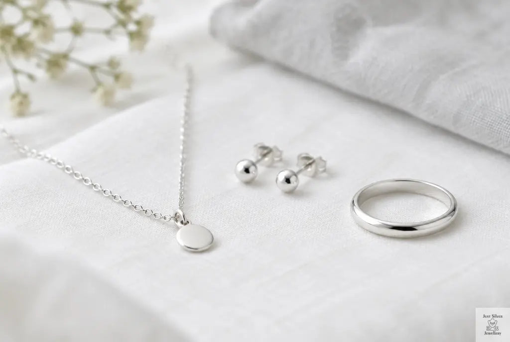 Sterling silver chain necklace, plain stud earrings and band ring on soft linen