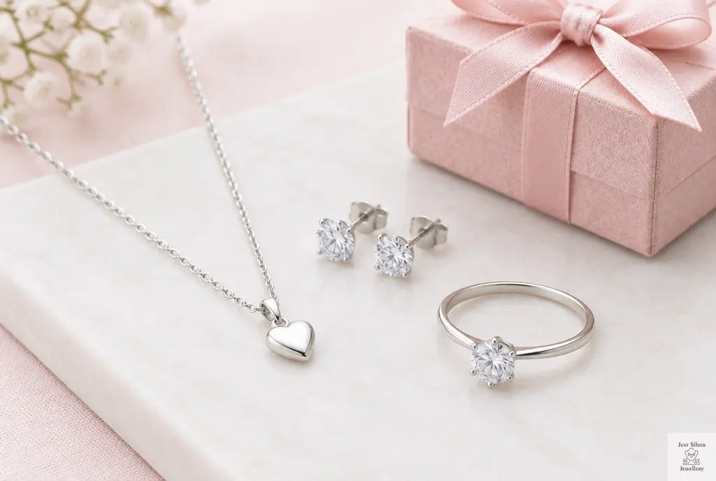 Delicate sterling silver heart pendant necklace, zircon stud earrings and a solitaire ring beside a pink gift box