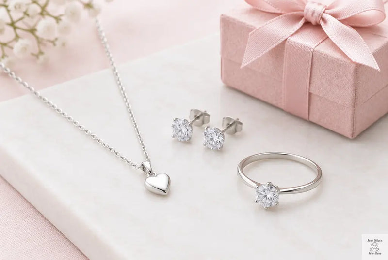 Delicate sterling silver heart pendant necklace, zircon stud earrings and a solitaire ring beside a pink gift box