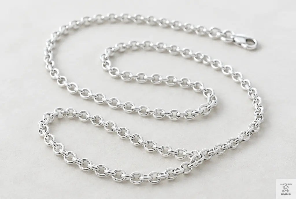 Solid sterling silver belcher chain with round, even links coiled on a white surface