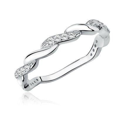 Silver ring with diamond accents on a white background