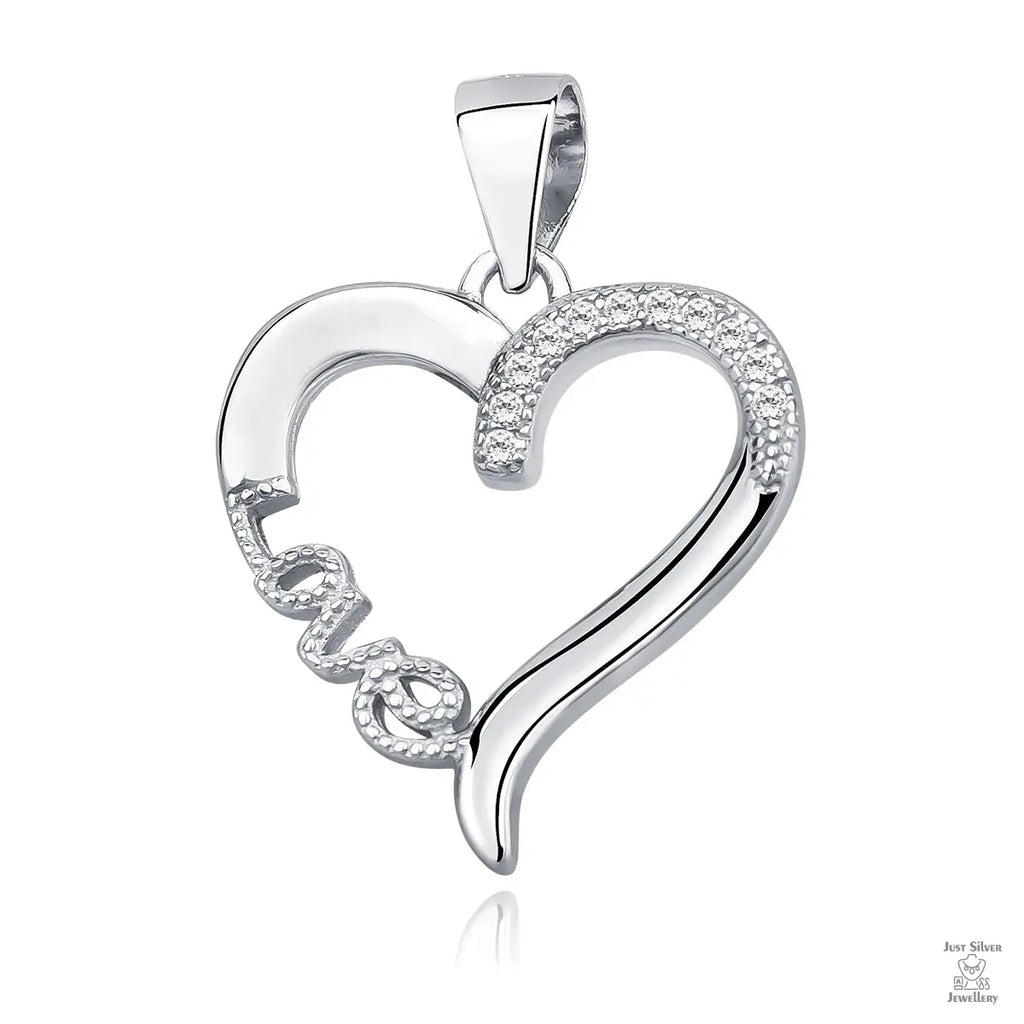 A silver heart-shaped pendant with the word 'Love' inscribed and adorned with white Zirconia gems.