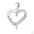 A silver heart-shaped pendant with the word 'Love' inscribed and adorned with white Zirconia gems.