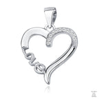A silver heart-shaped pendant with the word 'Love' inscribed and adorned with white Zirconia gems.