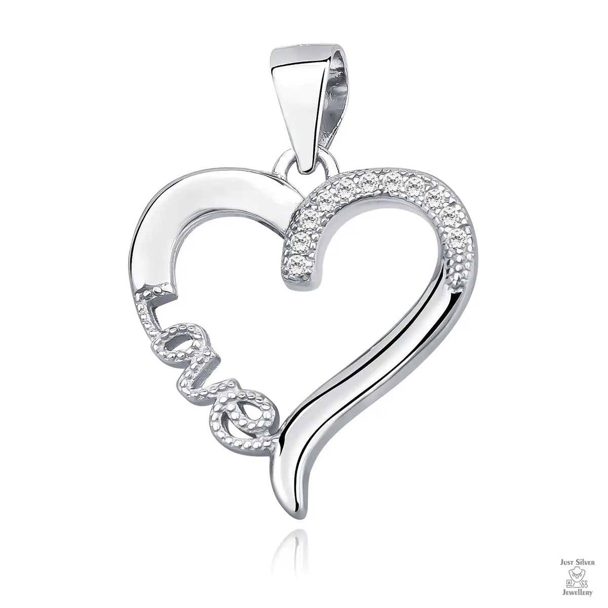 A silver heart-shaped pendant with the word 'Love' inscribed and adorned with white Zirconia gems.