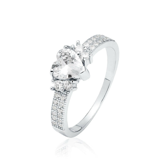 Silver ring with a large central gemstone and smaller stones on a white background