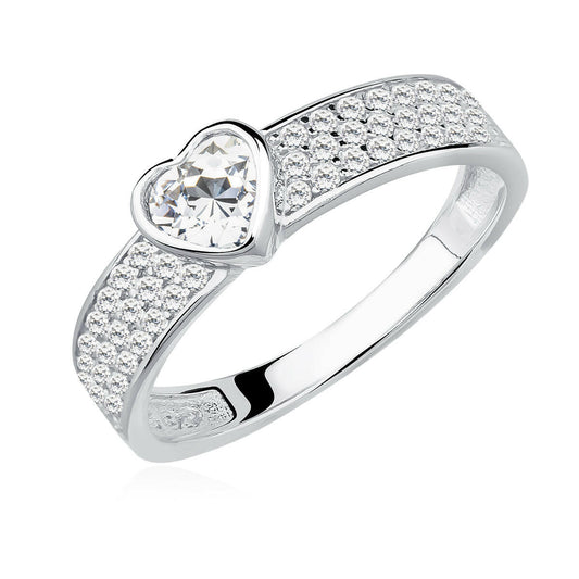 Silver ring with a heart-shaped diamond on a white background