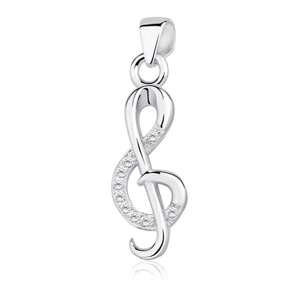 A silver pendant in the shape of a treble clef adorned with white zirconia gems.