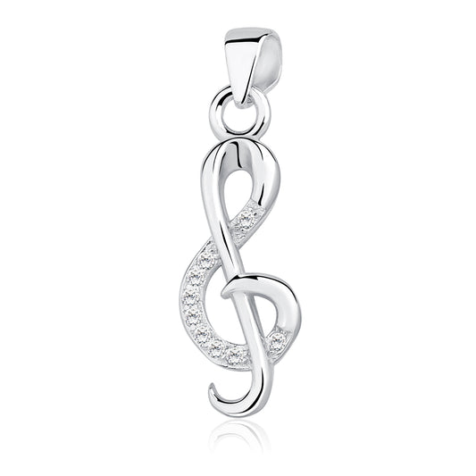 A silver pendant in the shape of a treble clef adorned with white zirconia gems.