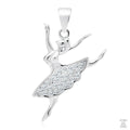 A silver pendant in the shape of a dancing ballerina adorned with white Zirconia gems.