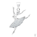 A silver pendant in the shape of a dancing ballerina adorned with white Zirconia gems.