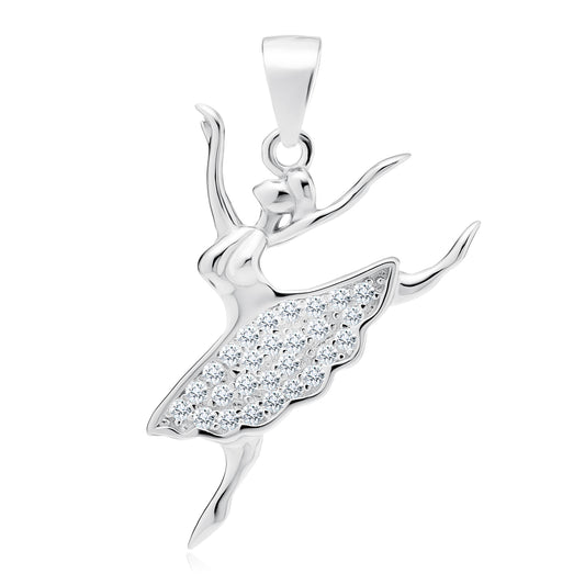 A silver pendant in the shape of a dancing ballerina adorned with white Zirconia gems.