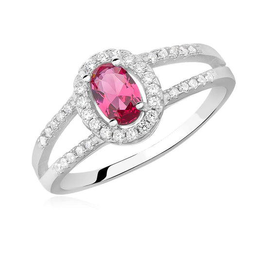 Silver ring with a pink gemstone on a white background