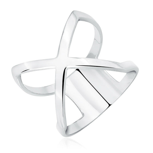 Silver ring with a modern design on a white background