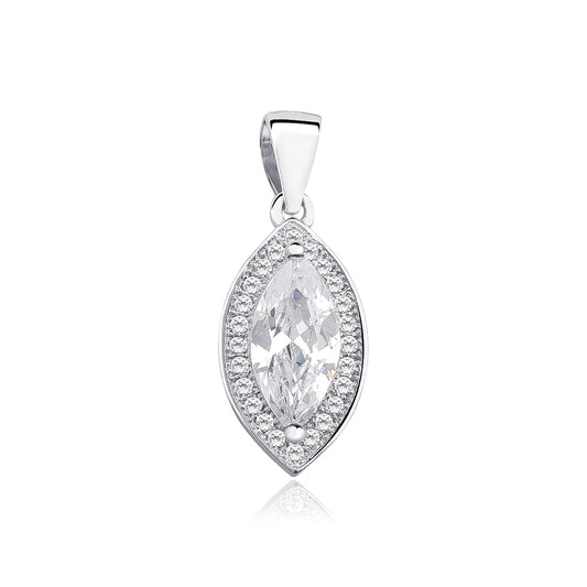 A silver marquise cut sapphire Zirconia Gem pendant with a white background.
