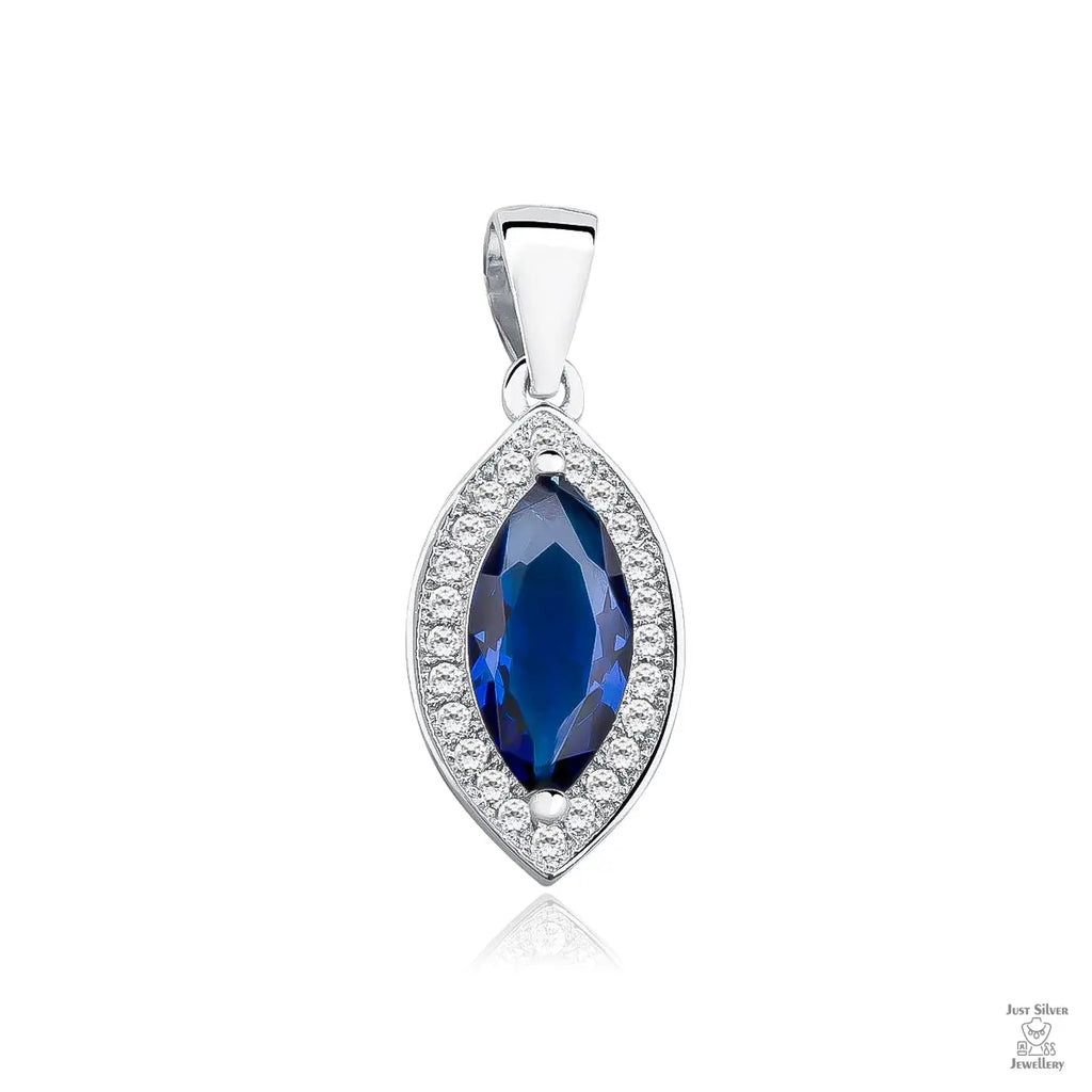 A silver marquise cut sapphire zirconia gem pendant with round zirconia accents around it.