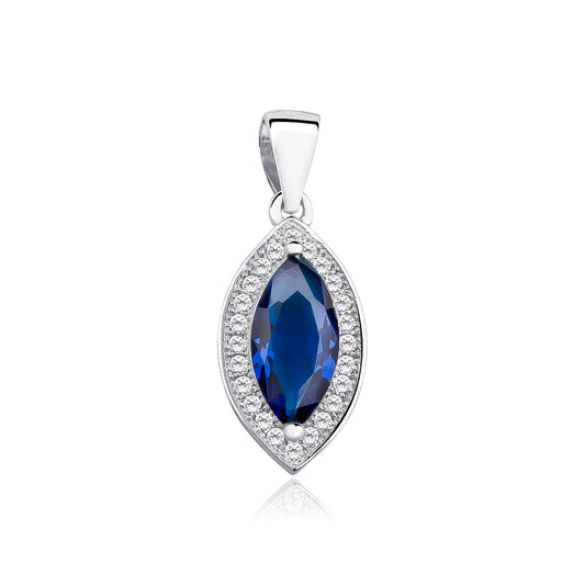 A silver marquise cut sapphire zirconia gem pendant with round zirconia accents around it.