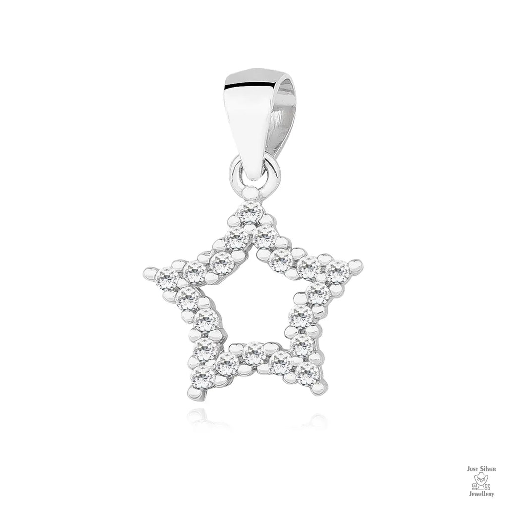 A silver pendant in the shape of a star, adorned with white zirconia gems.