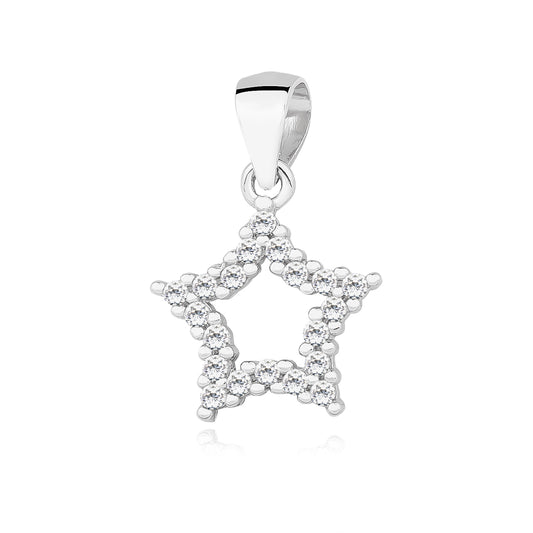 A silver pendant in the shape of a star, adorned with white zirconia gems.