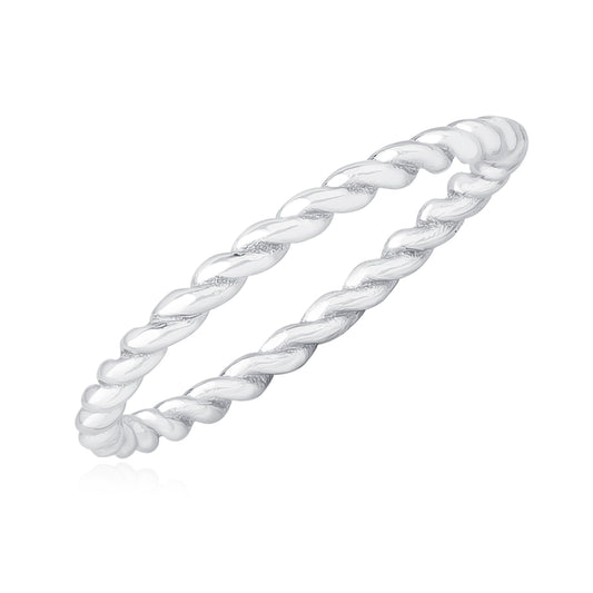 A plain silver ring with a twisted rope weave design.