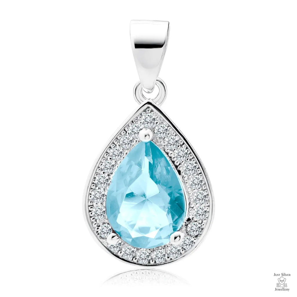 A silver teardrop-shaped pendant with a central blue aquamarine zirconia surrounded by white zirconia stones.