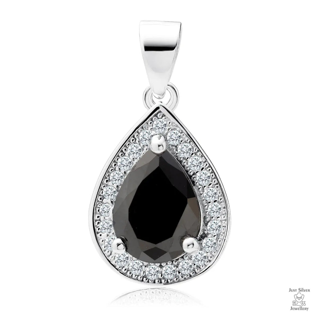 A silver teardrop-shaped pendant with a central black zirconia surrounded by a halo of white zirconia.