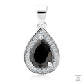 A silver teardrop-shaped pendant with a central black zirconia surrounded by a halo of white zirconia.