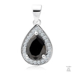 A silver teardrop-shaped pendant with a central black zirconia surrounded by a halo of white zirconia.