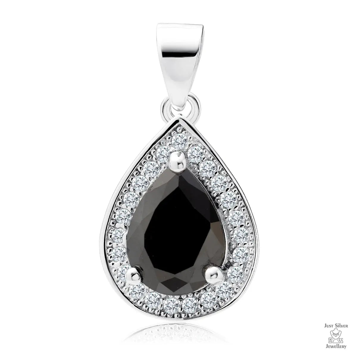 A silver teardrop-shaped pendant with a central black zirconia surrounded by a halo of white zirconia.