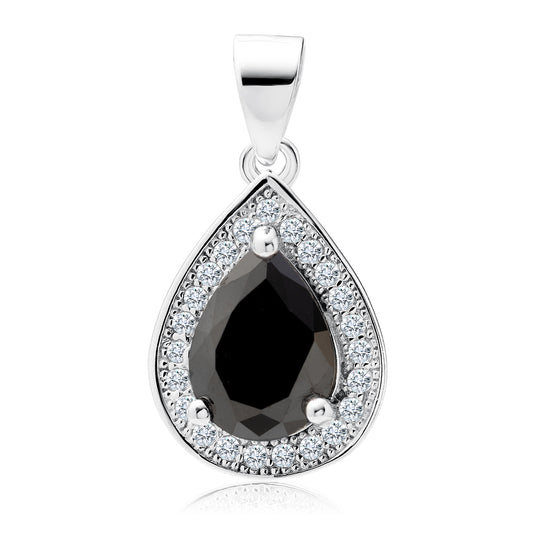 A silver teardrop-shaped pendant with a central black zirconia surrounded by a halo of white zirconia.