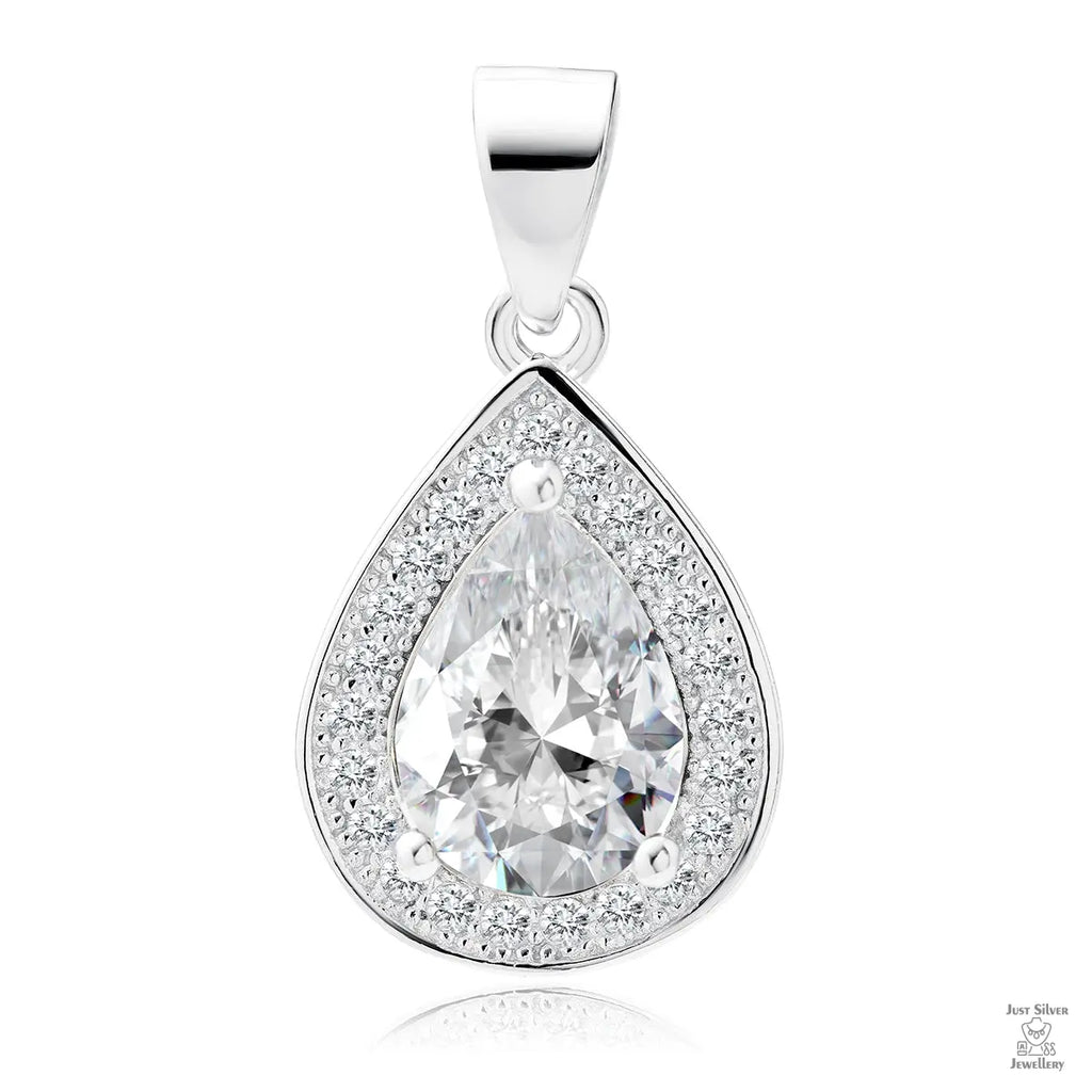 A silver teardrop-shaped pendant with white zirconia stones surrounding a central white gemstone.