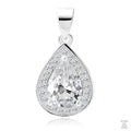 A silver teardrop-shaped pendant with white zirconia stones surrounding a central white gemstone.