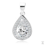 A silver teardrop-shaped pendant with white zirconia stones surrounding a central white gemstone.